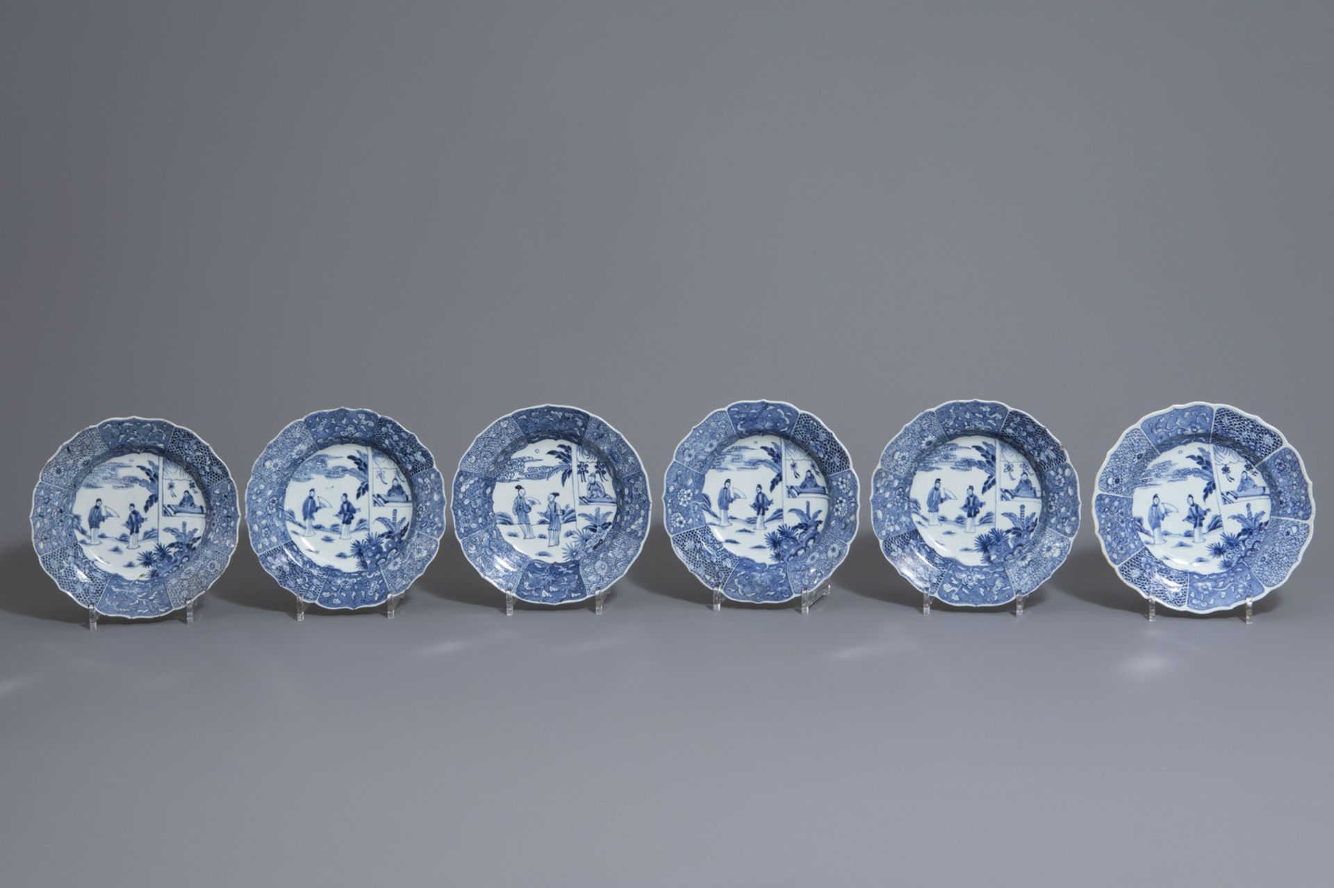 Six Chinese blue and white 'Romance of the Western Chamber' deep plates, Qianlong