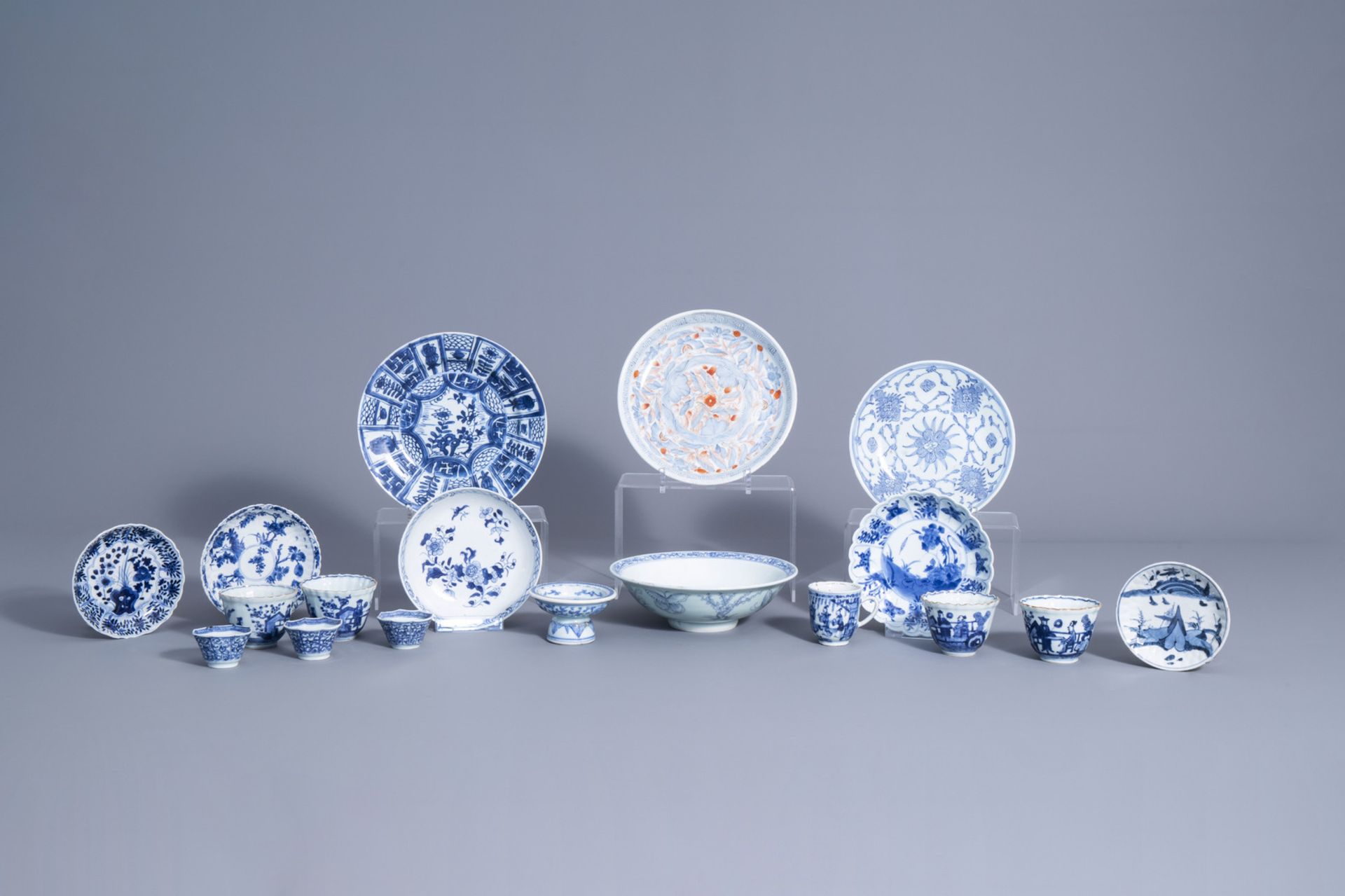 A varied collection of Chinese blue, white and iron red porcelain, Kangxi and later