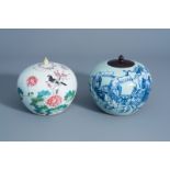 Two Chinese qianjiang cai and blue and white on celadon ground jars and covers with different design