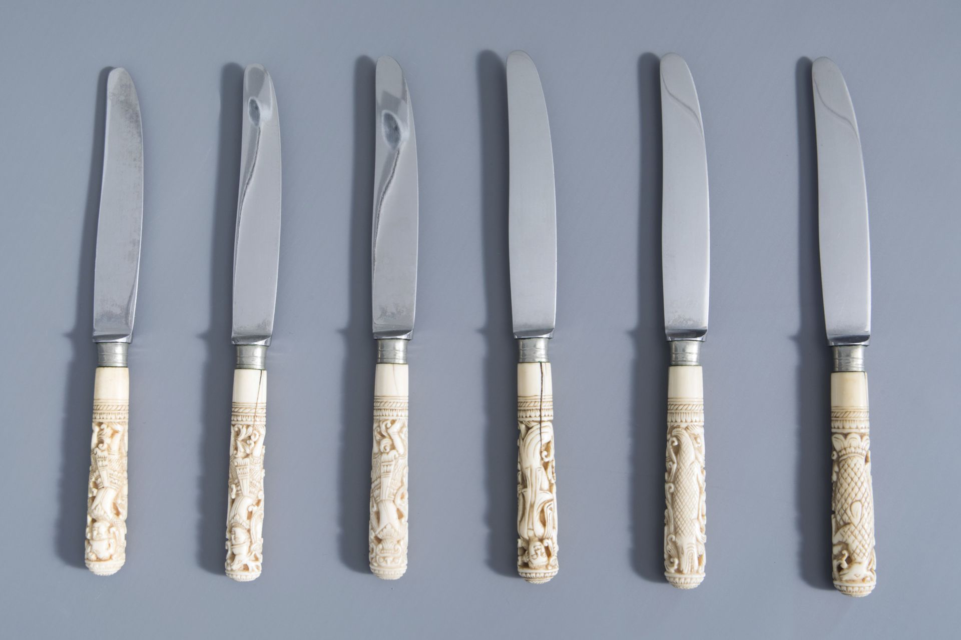 Six knives with carved ivory handles with dancing figures, India or Indonesia, 19th C. - Image 2 of 4