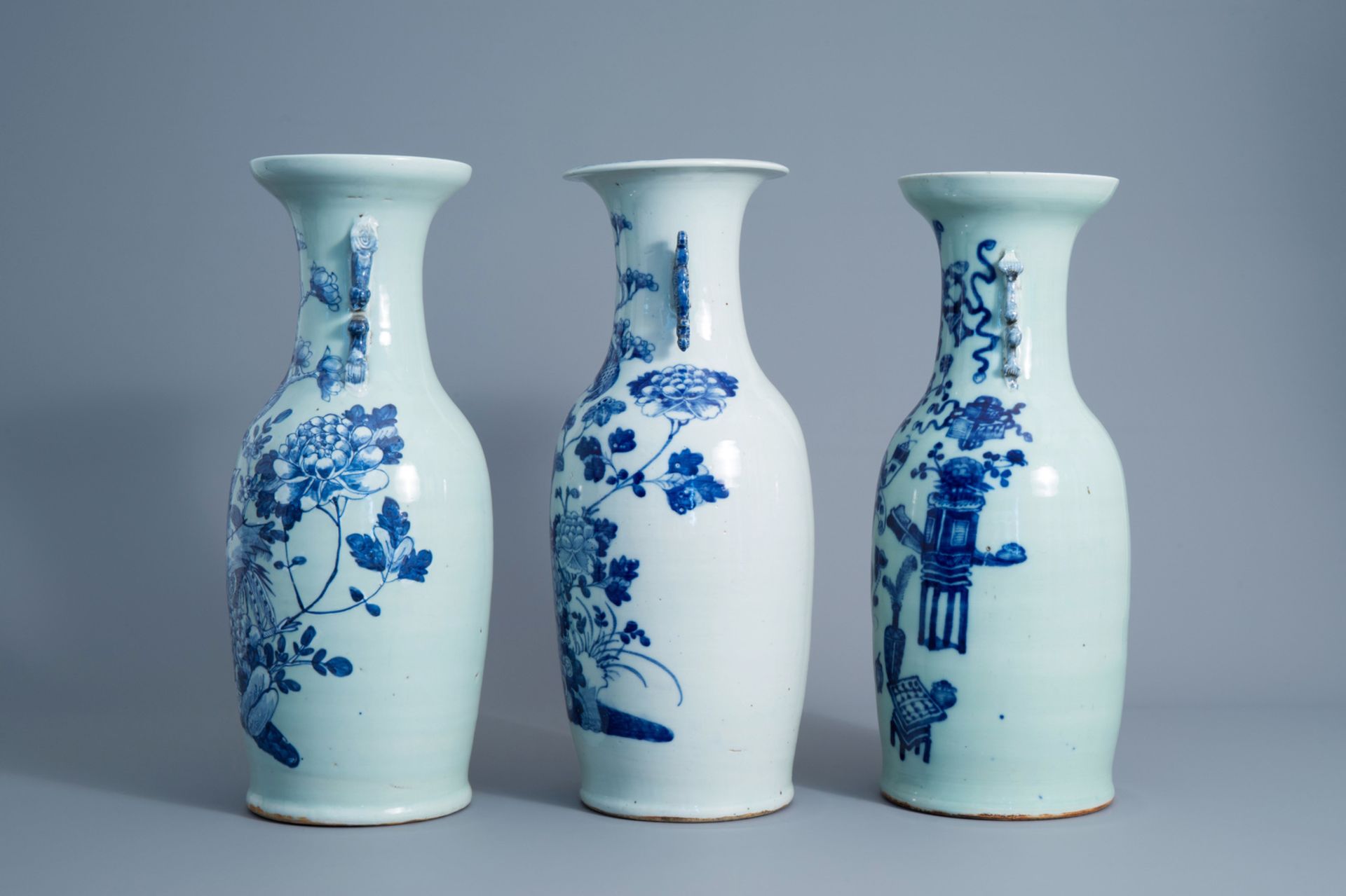 Three Chinese blue and white celadon vases with antiquities and birds among blossoms, 19th C. - Image 5 of 7