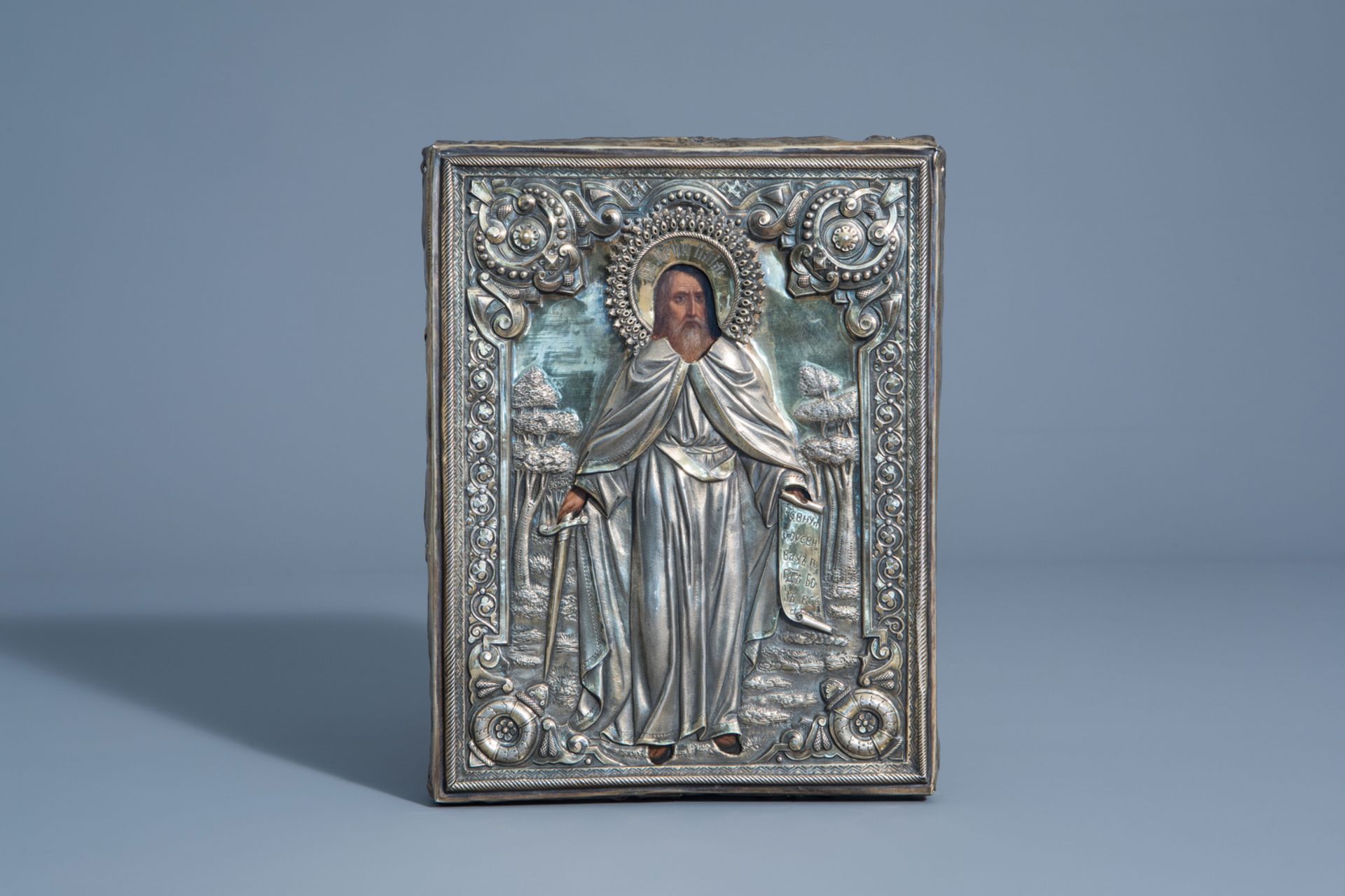 A Russian icon, 'Saint Paul' with silver oklad or riza, 19th C.