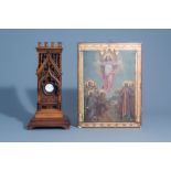 A wooden Gothic revival chapel shaped watch holder and a Ressurection of Christ, Holland, 19th/20th