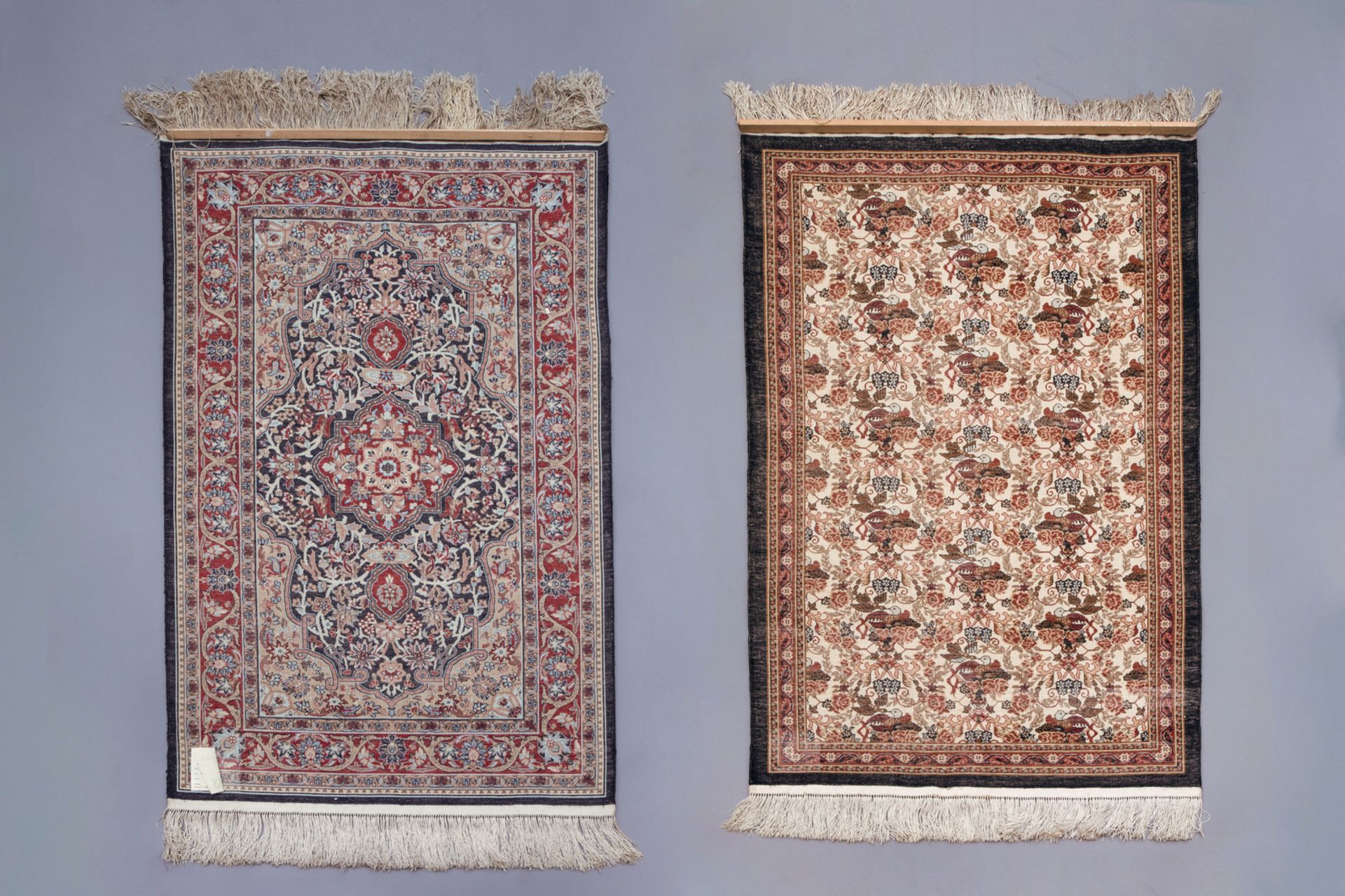 Two Oriental rugs with floral design, silk on cotton, 20th C. - Image 2 of 4