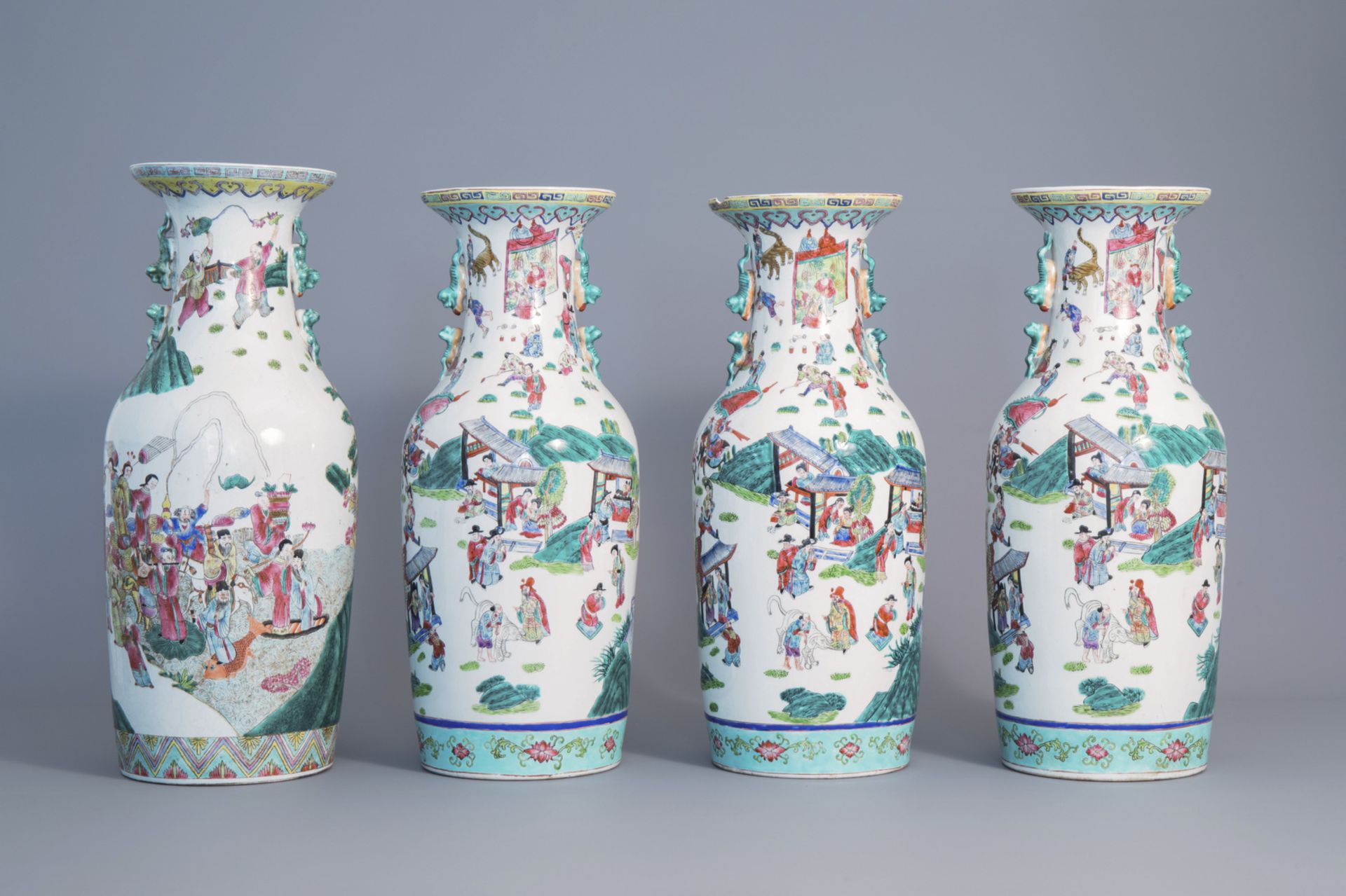 Four Chinese famille rose vases with figurative design all around, 20th C. - Image 3 of 6