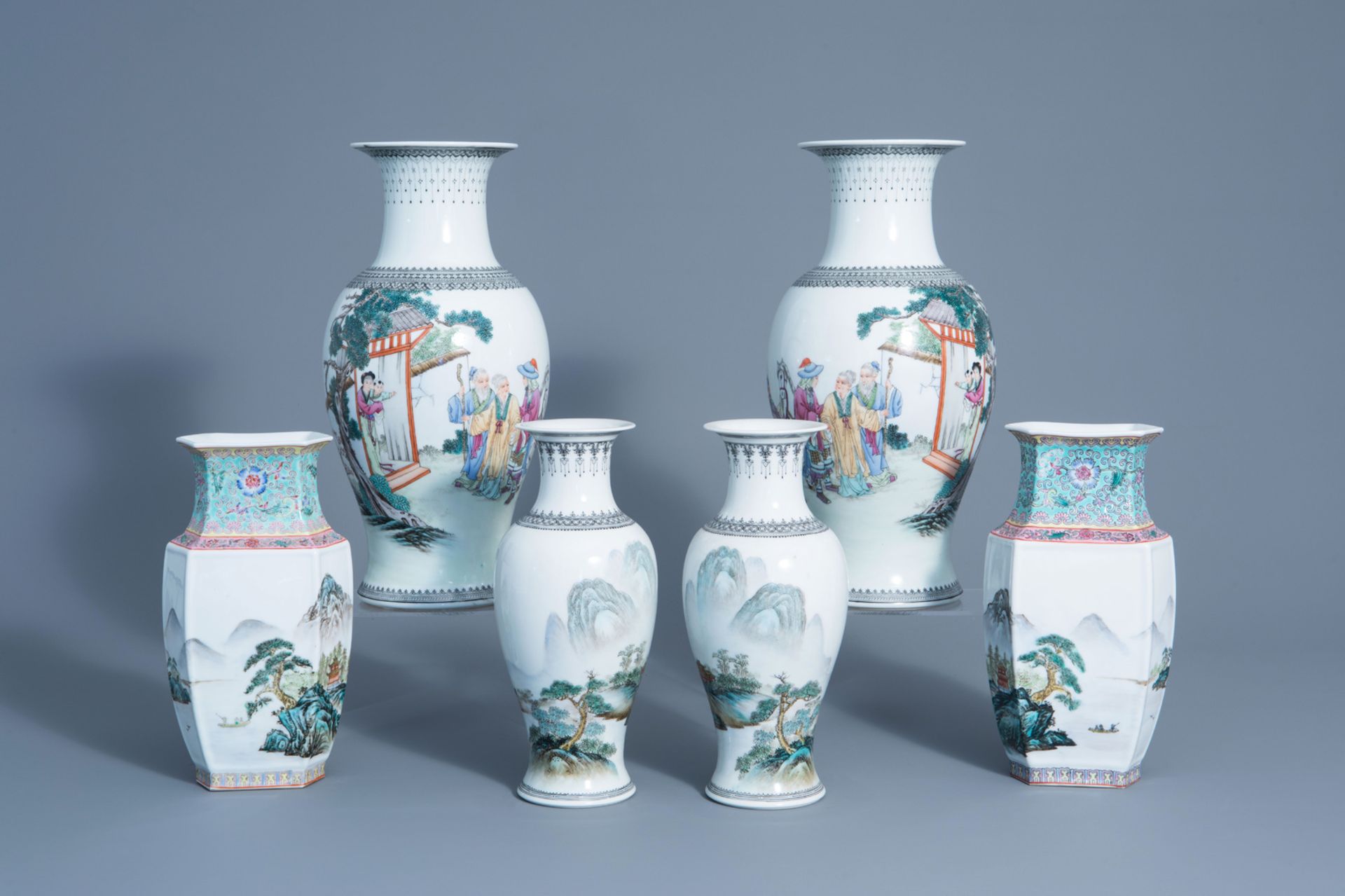 Three pairs of Chinese famille rose vases, 20th C.