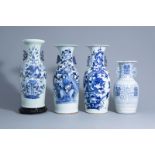 Three Chinese blue and white celadon ground vases with different designs and a blue and white vase,