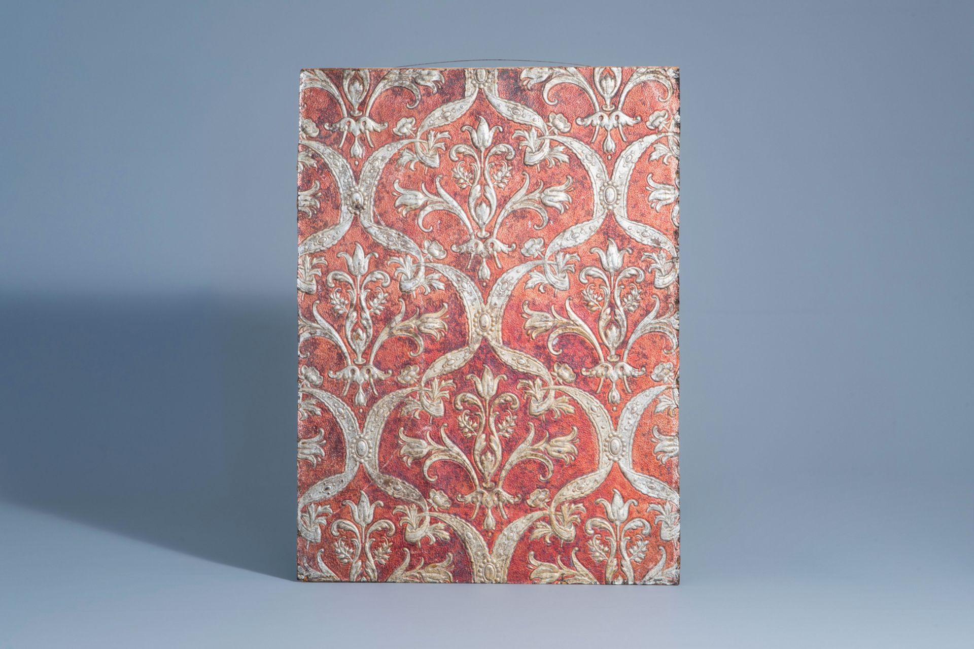 A gold leather fragment with floral design mounted on a wooden panel, Mechelen, 19th C. - Image 2 of 4