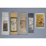 Chinese school, ink and colour on silk and paper, 19th/20th C.: Five works with birds and butterflie