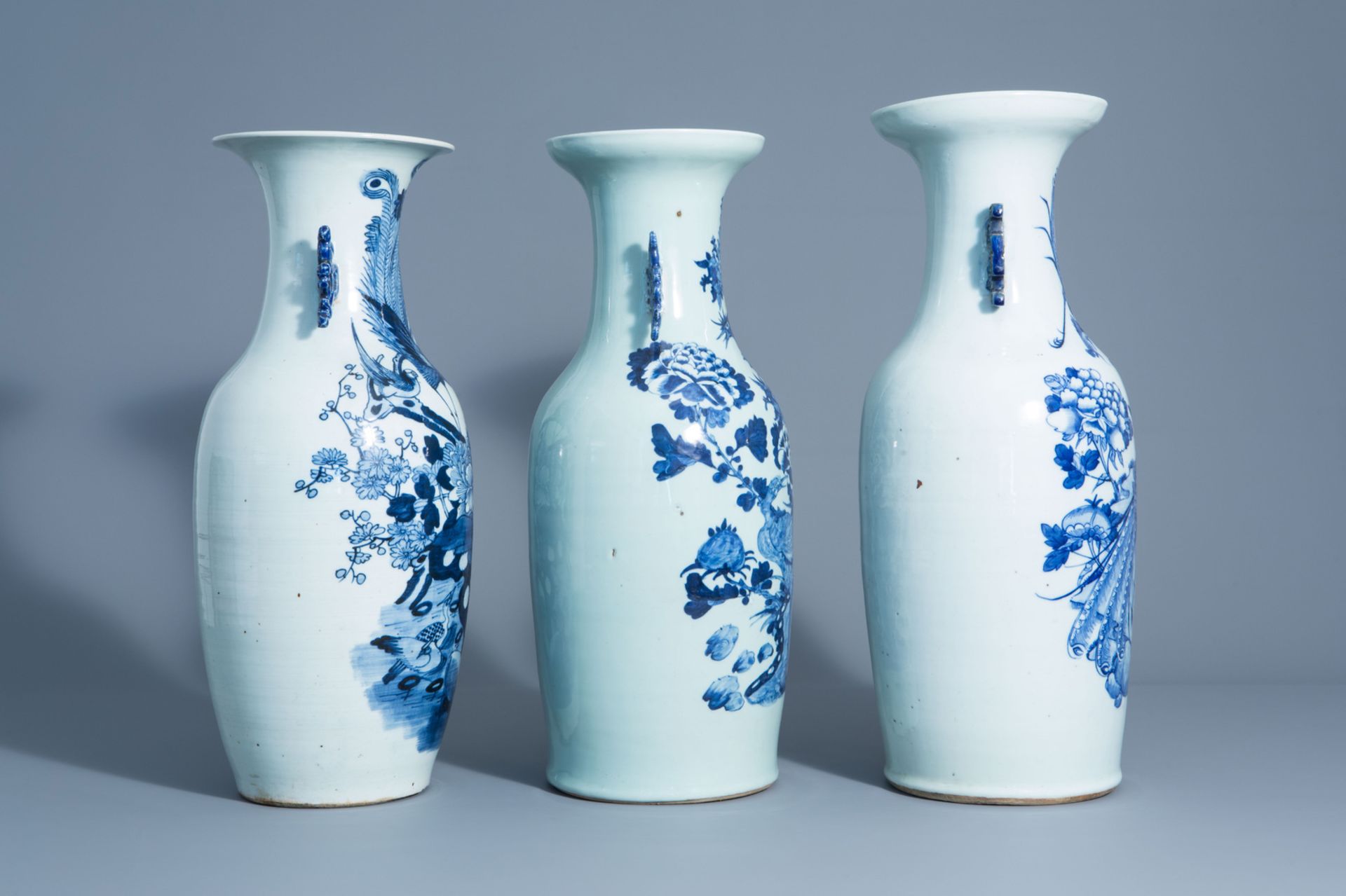 Three Chinese blue and white and celadon ground vases with birds among blossoming branches, 19th C. - Image 2 of 7