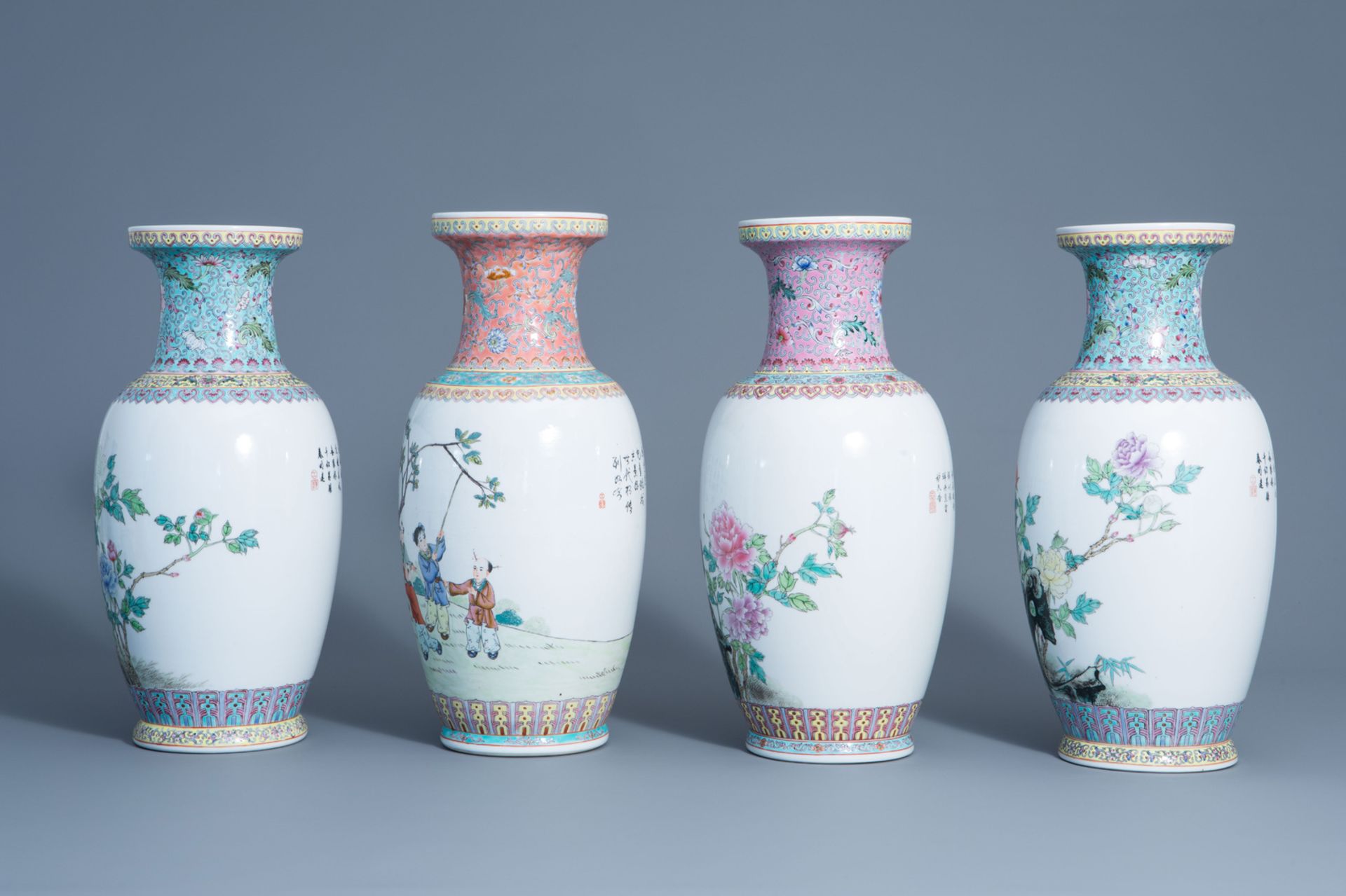 A varied collection of ten Chinese famille rose vases, 20th C. - Bild 5 aus 13