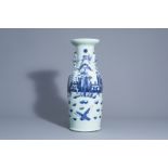 A Chinese blue and white celadon ground 'Immortals' vase, 19th C.