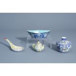A varied collection of Chinese famille rose yellow and blue ground porcelain, 19th/20th C.