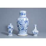 Three Chinese blue and white vases with different designs, 19th C.