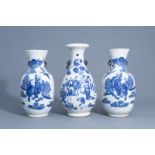 Three Chinese Nanking crackle glazed blue and white vases with figures in a landscape, 19th/20th C.