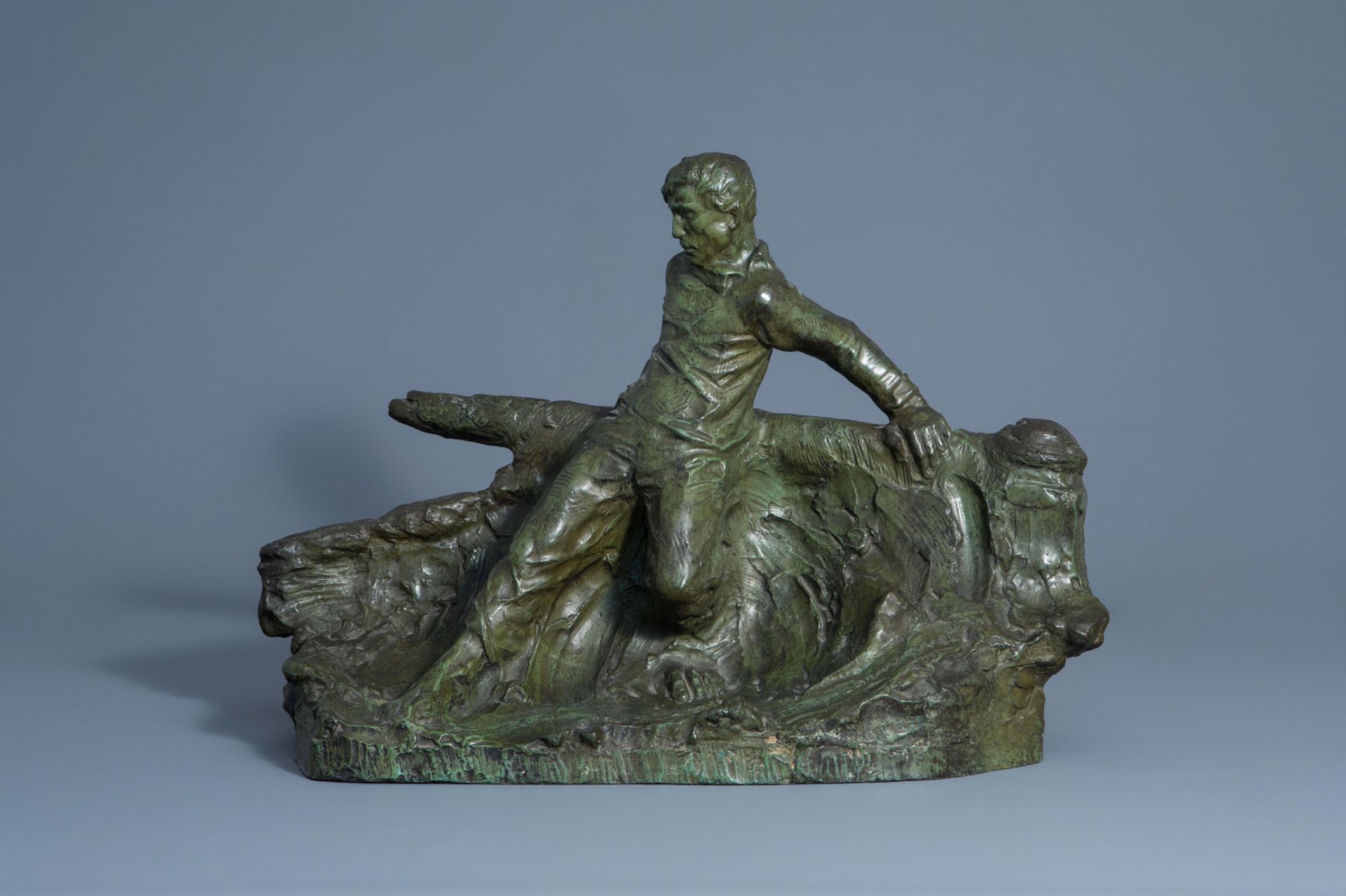 Victor Demanet (1895-1964): Man at the helm on a choppy sea, green patinated bronze - Image 2 of 8