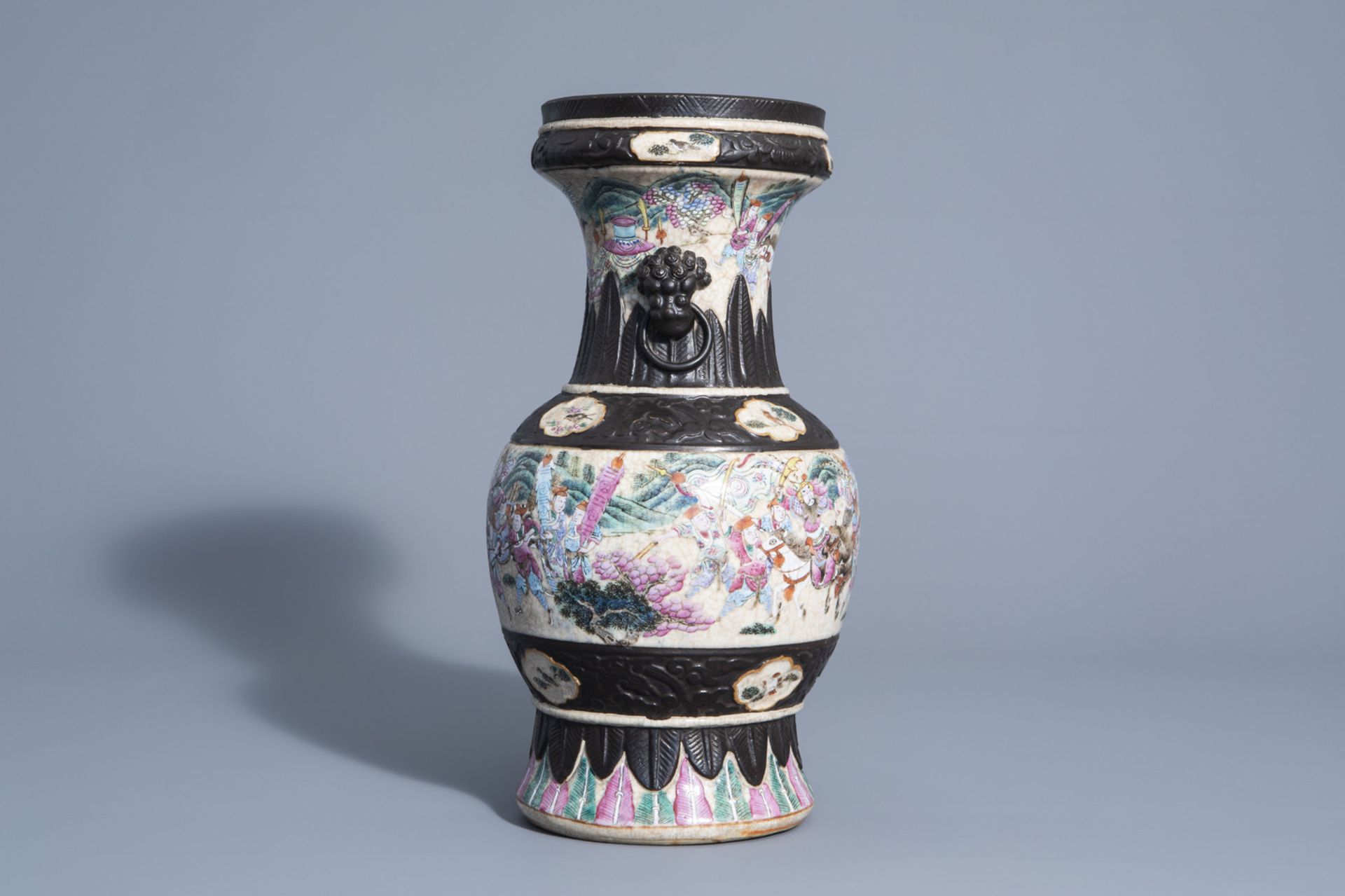 A Chinese Nanking crackle glazed famille rose 'warrior' vase, 19th C. - Image 2 of 6