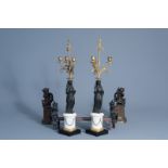 A pair of patinated bronze and marble candelabra and a pair of andirons with an angel, France, 19th/