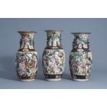 Three Chinese Nanking crackle glazed famille rose vases with warrior scenes, 19th C.