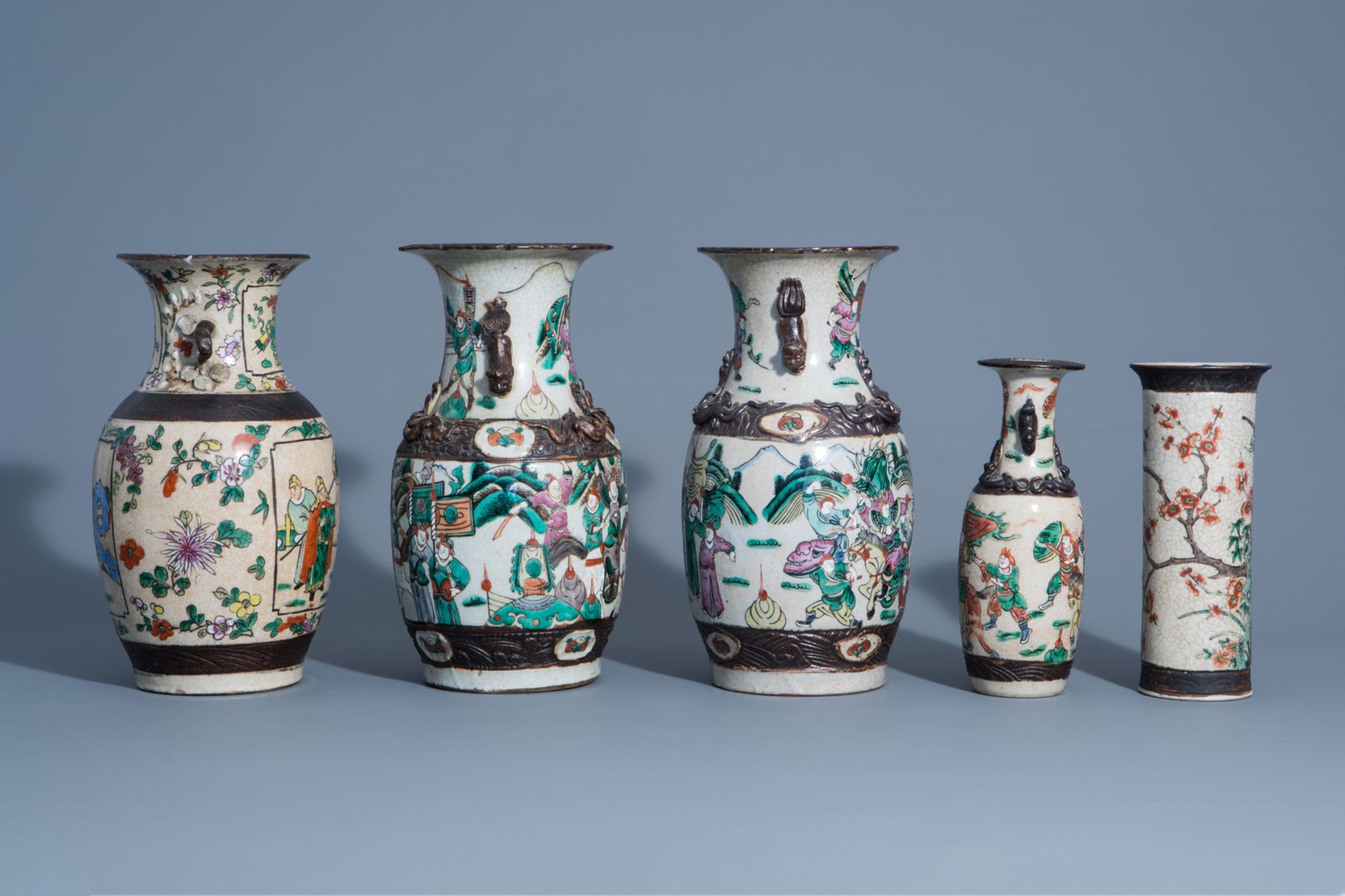 A varied collection of Chinese Nanking crackle glazed famille rose vases, ginger jars, a charger and - Image 3 of 17