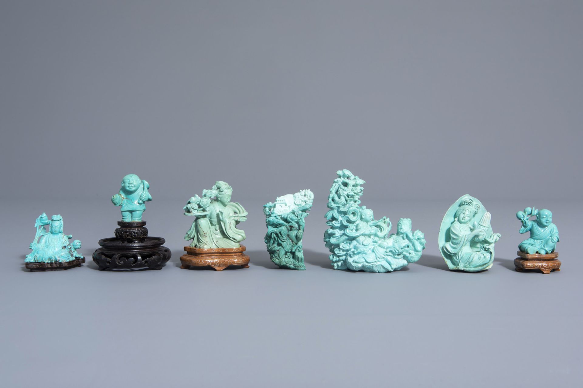 Seven Chinese carved turquoise figures, 20th C. - Image 2 of 7