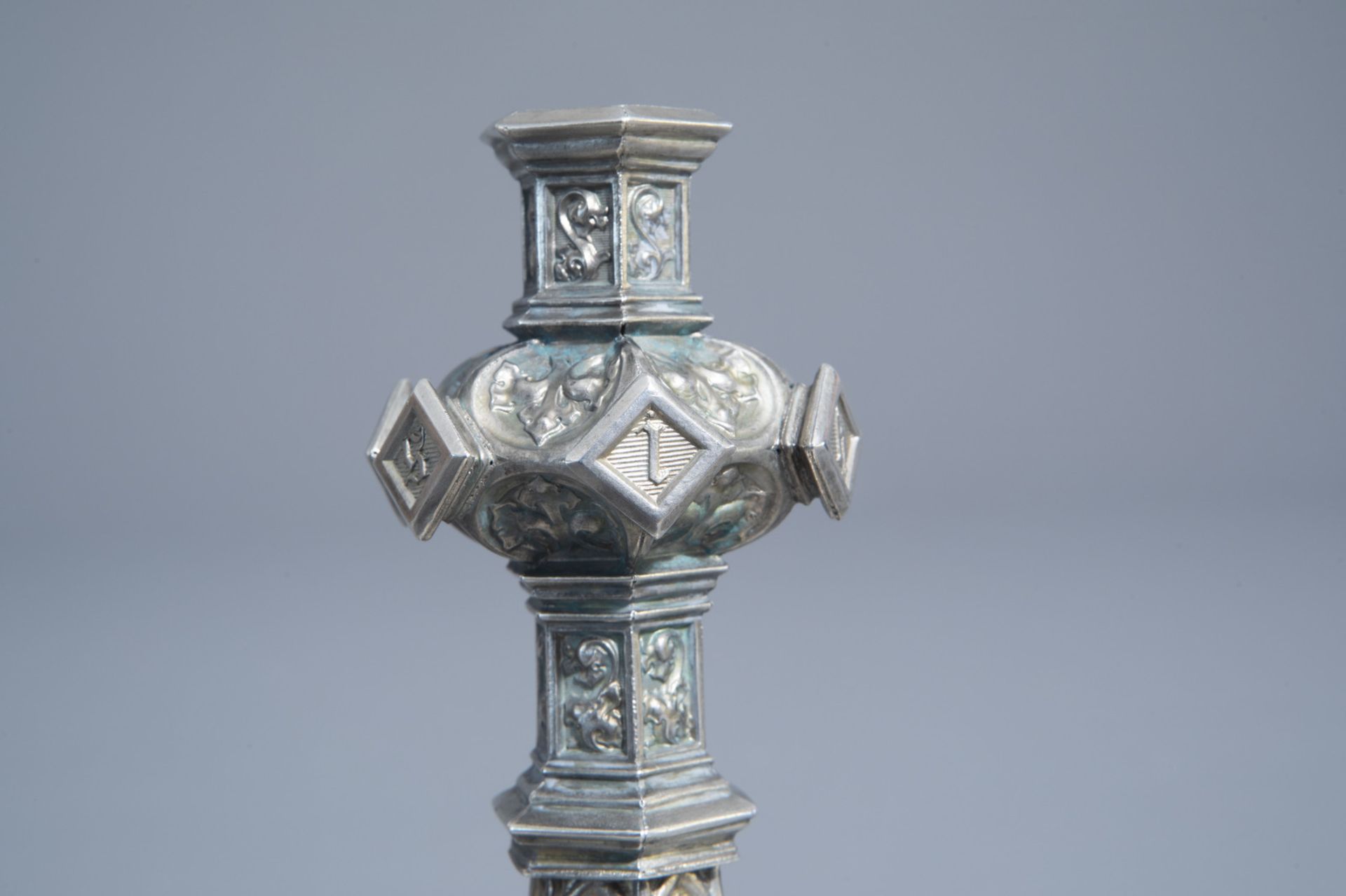 A silver plated Gothic Revival candlestick, France, 19th/20th C. - Image 18 of 19