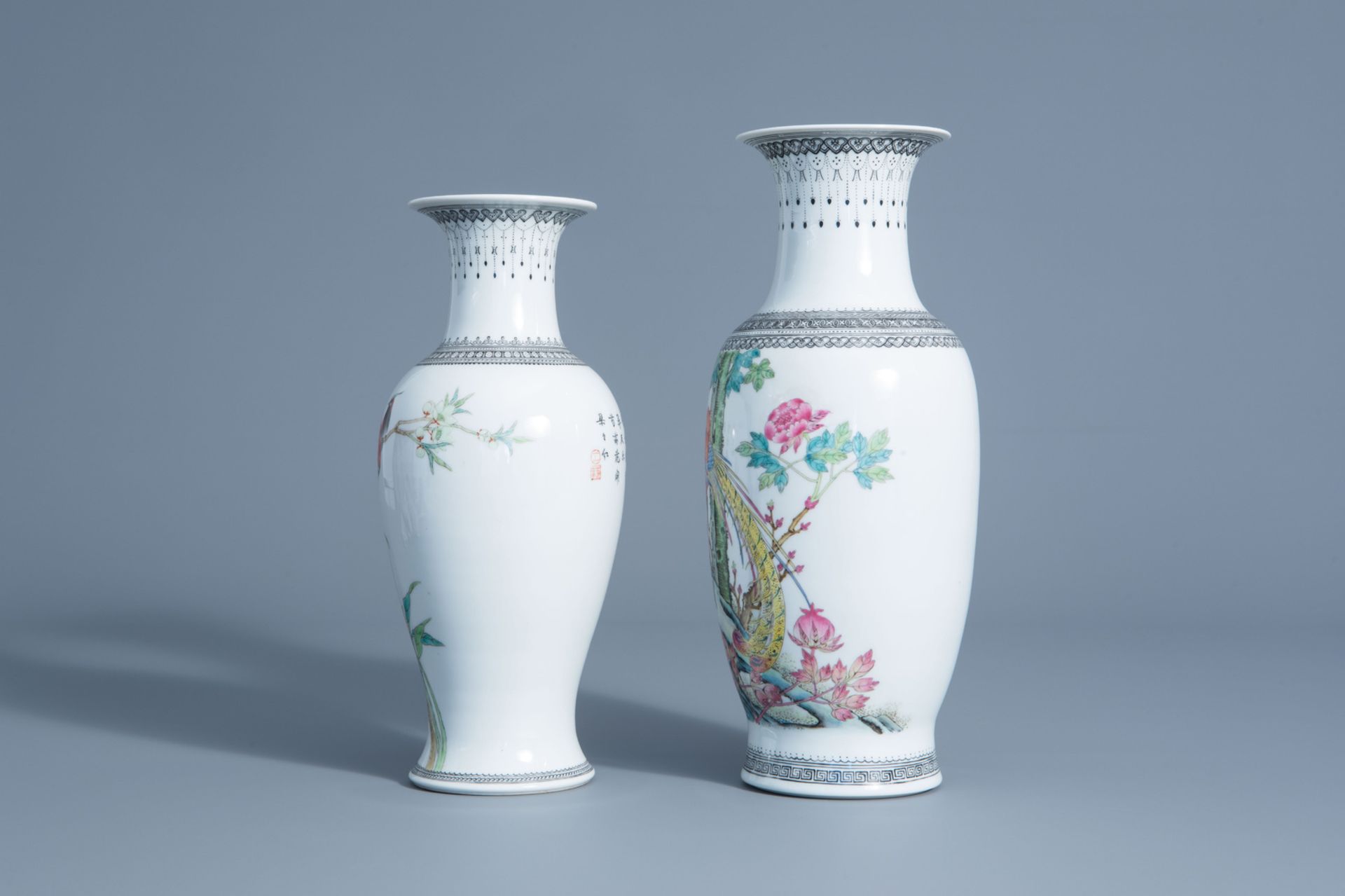 Two Chinese famille rose vases with birds among blossoming branches, 20th C. - Image 4 of 6