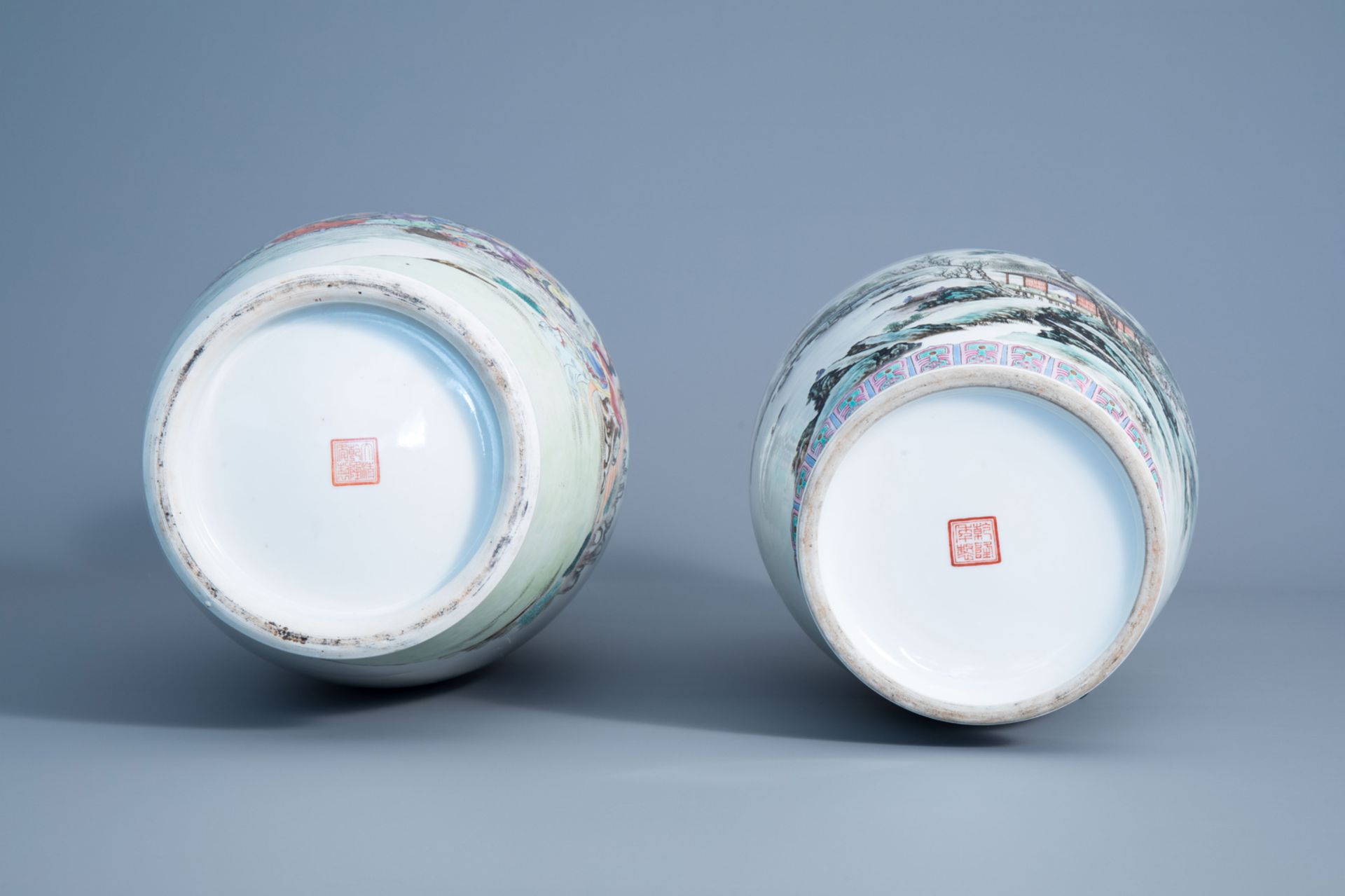 Two various Chinese famille rose vases, a charger and two jars, 20th C. - Image 7 of 15