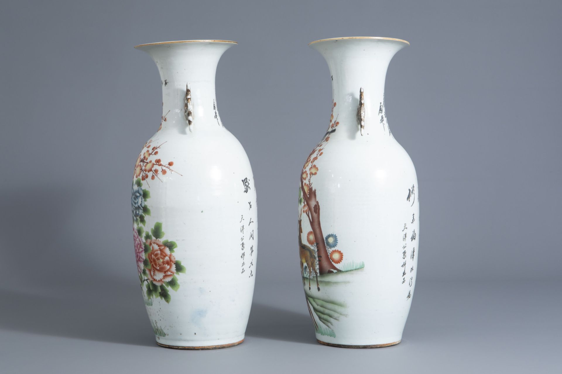 A pair of Chinese famille rose vases with deer among flowering branches, 20th C. - Image 4 of 6