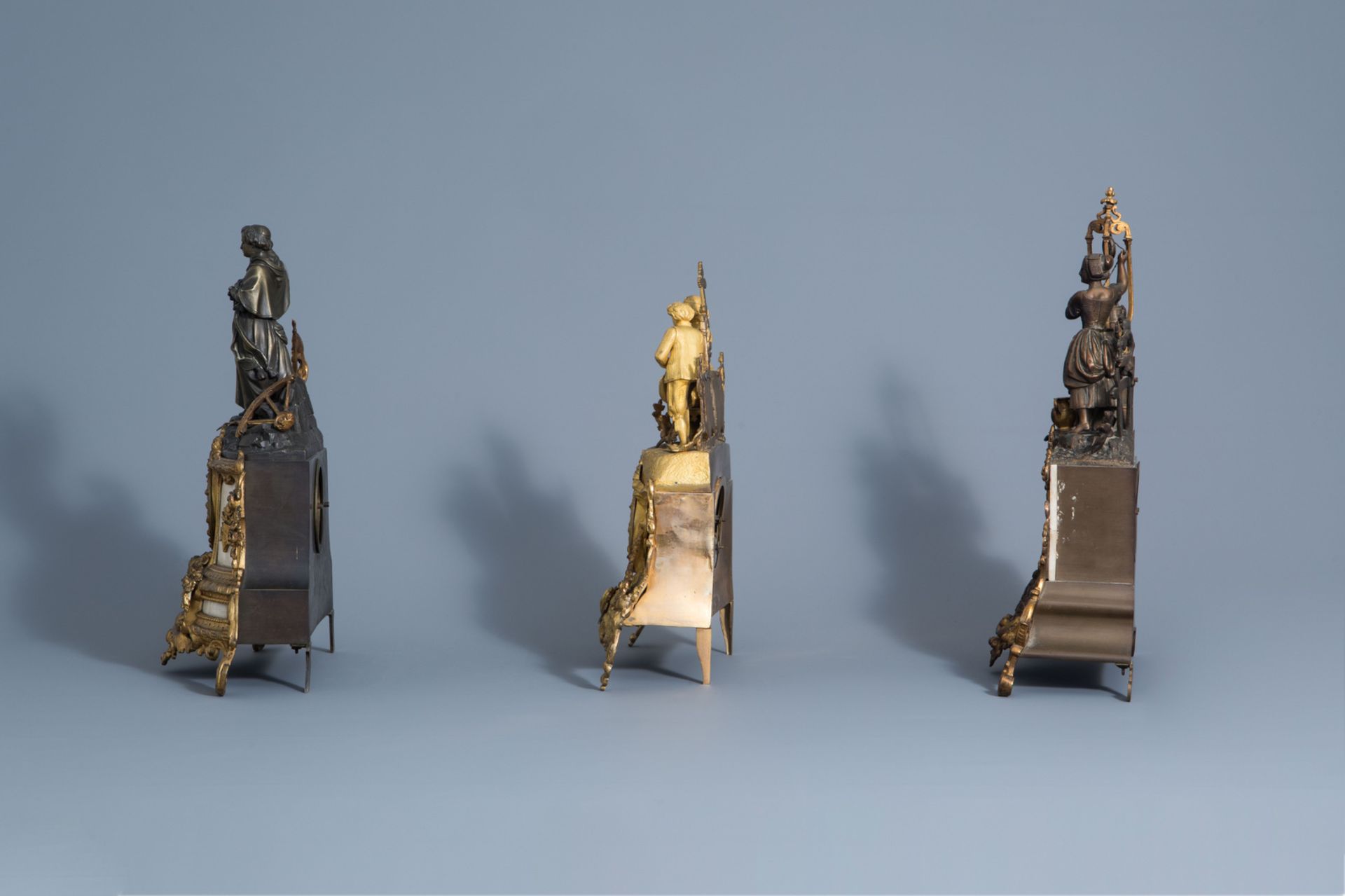 Three French gilt and patinated bronze romantic mantel clocks, 19th C. - Image 4 of 13