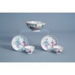 A pair of Chinese famille rose Mandarin cups and saucers and an Amsterdams bont bowl, Qianlong