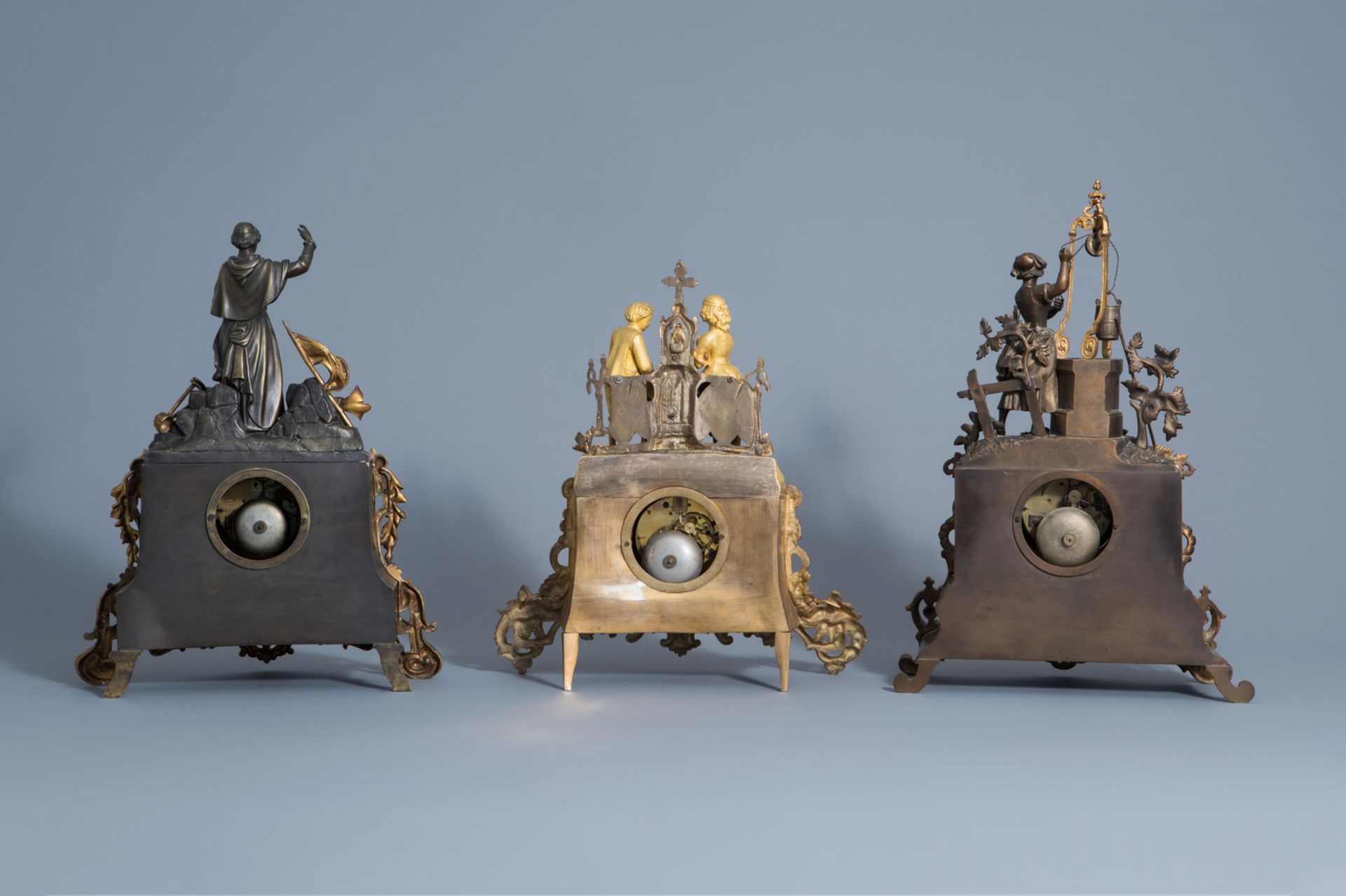 Three French gilt and patinated bronze romantic mantel clocks, 19th C. - Image 3 of 13