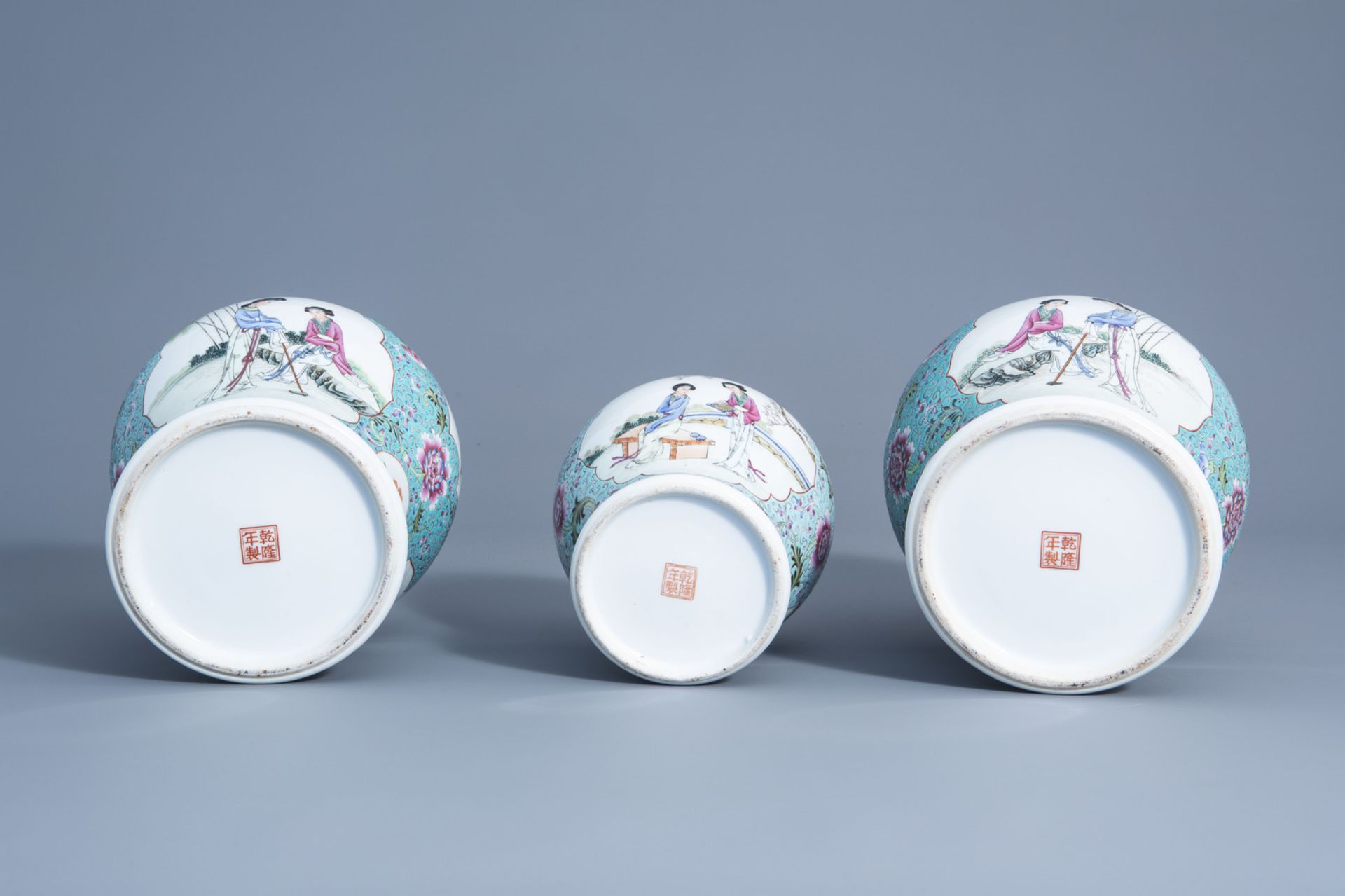 Three Chinese famille rose turquoise ground vases and covers, Qianlong mark, 20th C. - Image 6 of 8