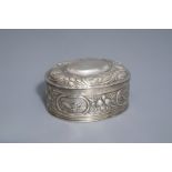 An oval shaped silver plated relief decorated tobacco box, various marks, 18th/19th C.
