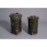 Two Chinese green glazed pottery grain silos, possibly Han dynasty