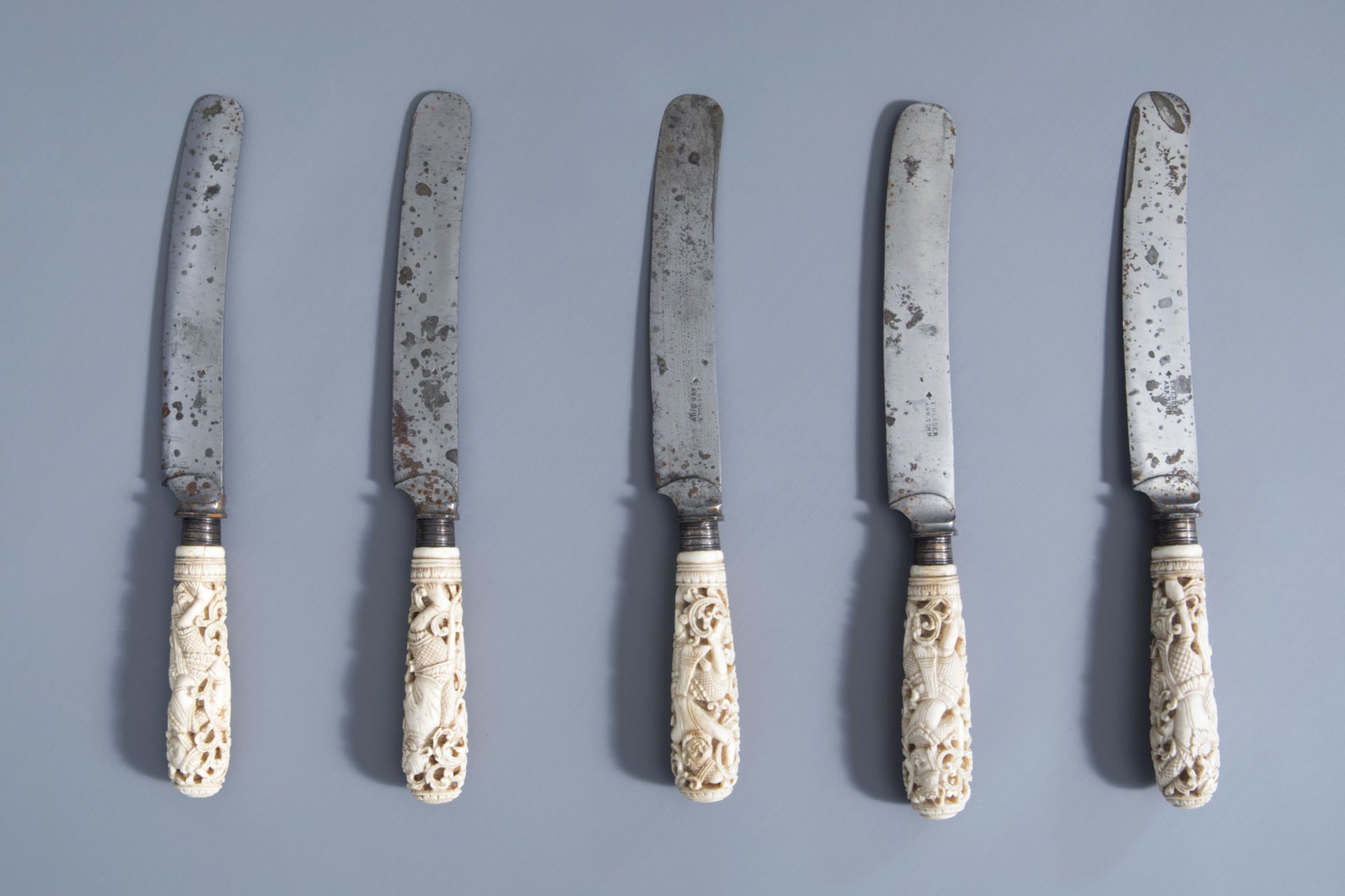 Five knives with carved ivory handles with dancing figures, India or Indonesia, 19th C.