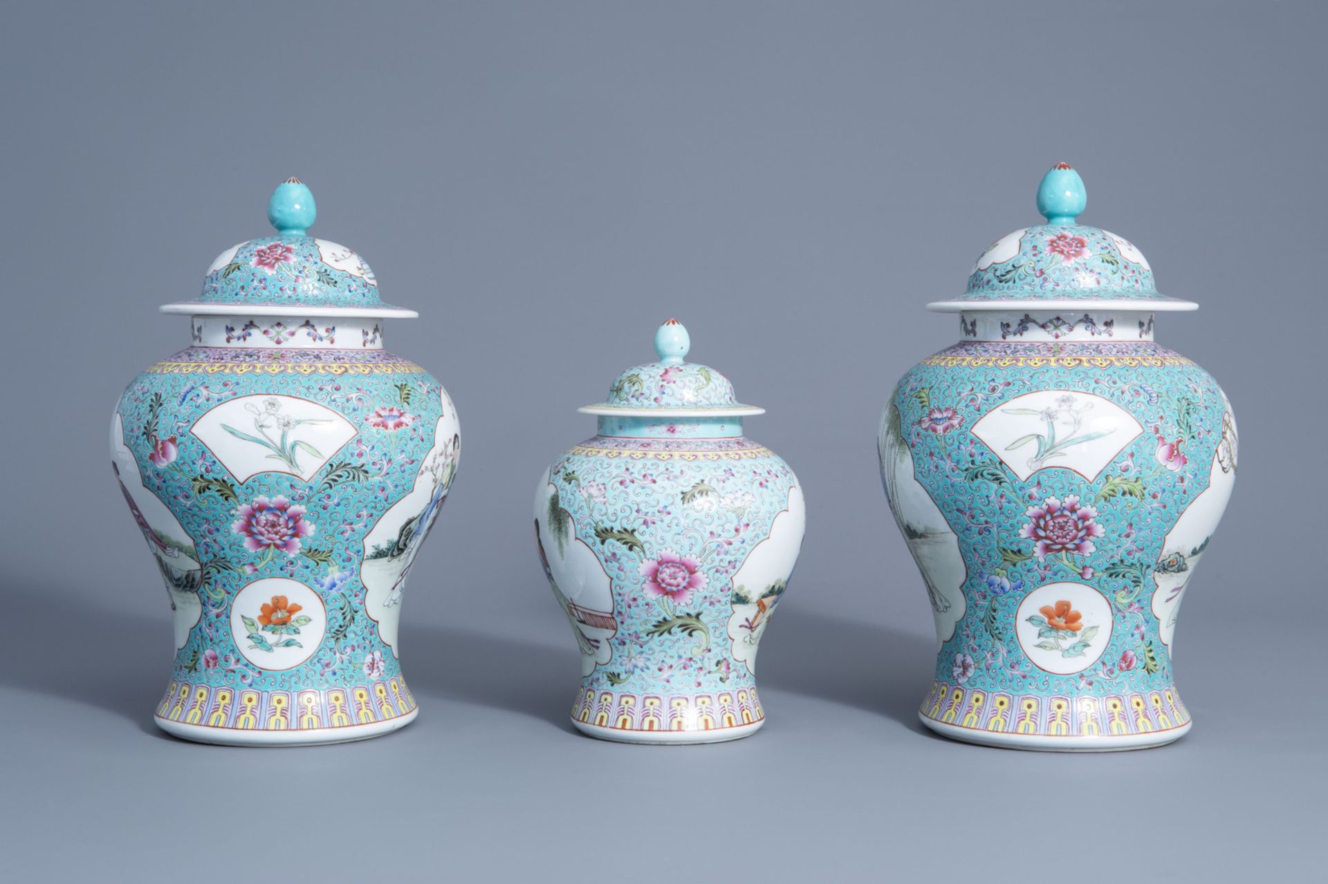 Three Chinese famille rose turquoise ground vases and covers, Qianlong mark, 20th C. - Image 4 of 8