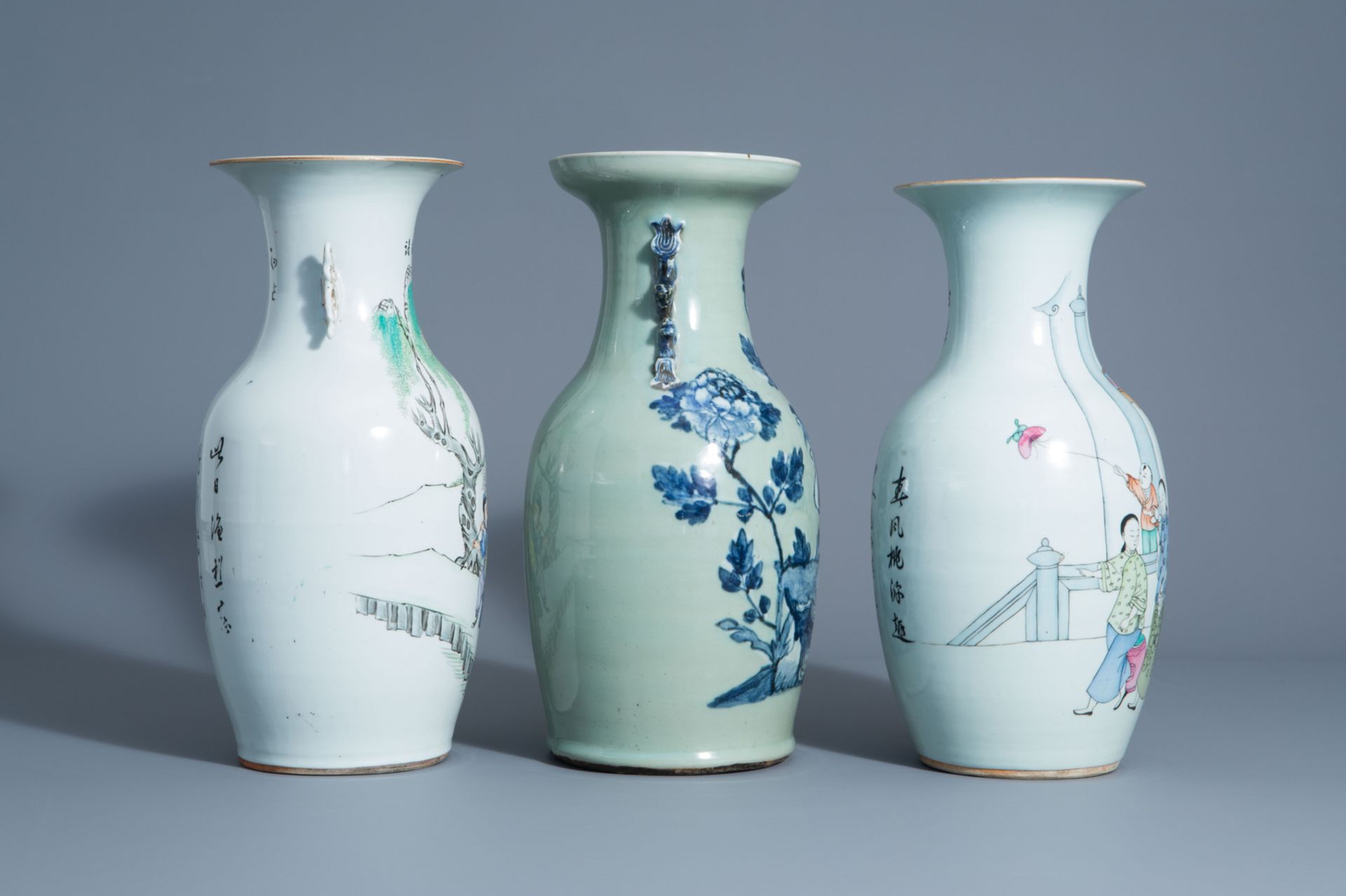 Three various Chinese famille rose and blue and white on celadon ground vases, 19th/20th C. - Image 2 of 6