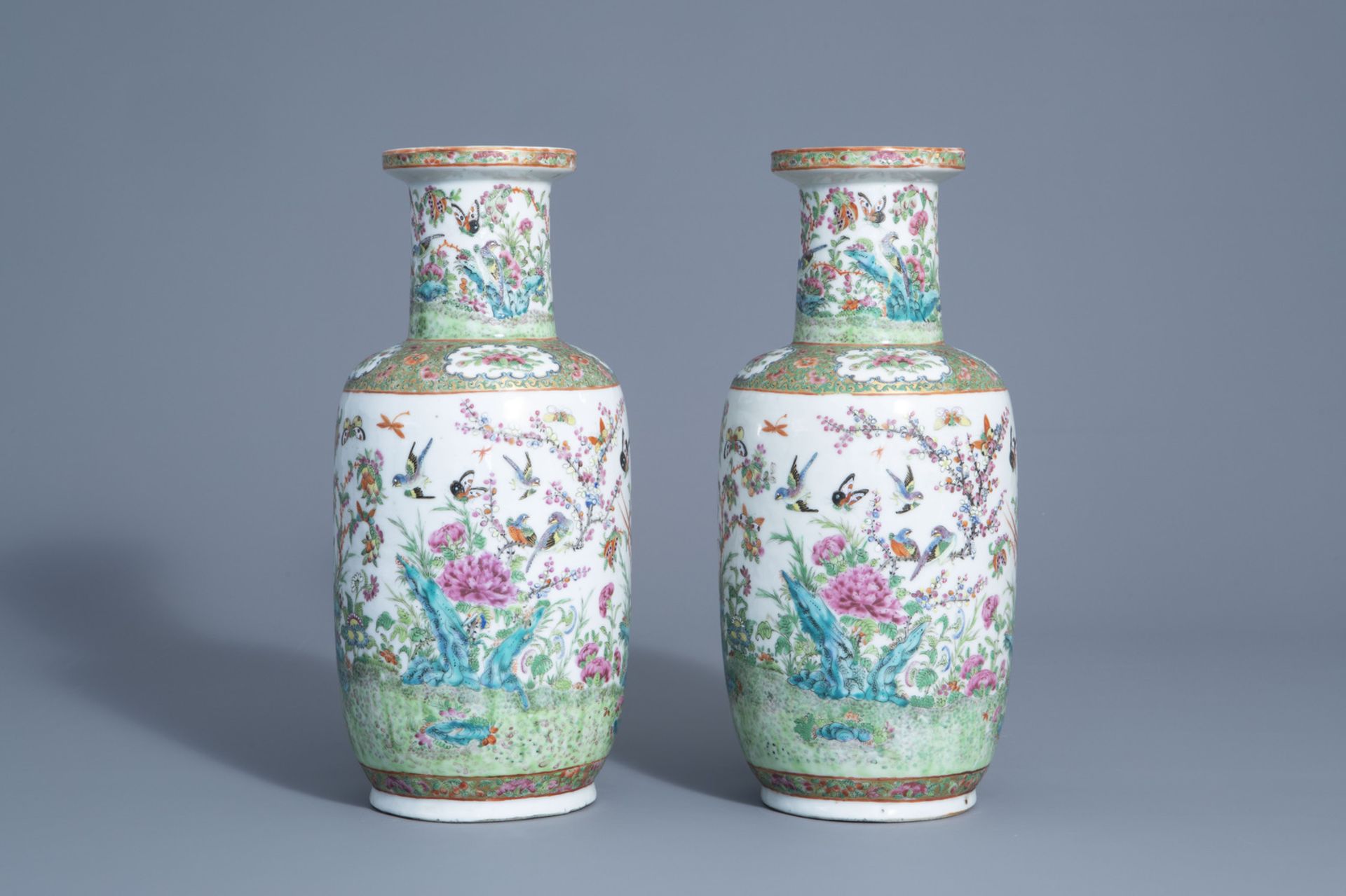 A pair of Chinese Canton famille rose vases with birds and butterflies among blossoms, 19thC. - Image 2 of 6