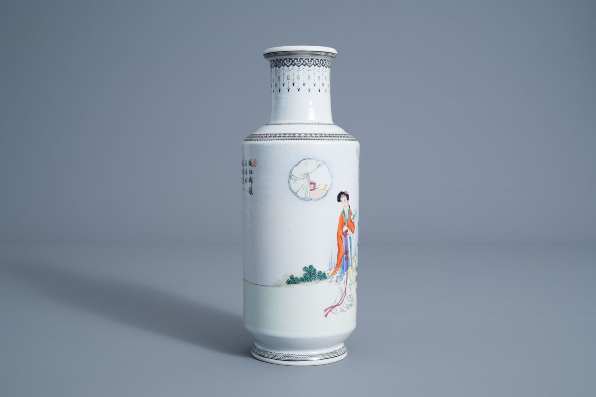 A Chinese famille rose rouleau vase with ladies in a garden, 20th C. - Image 2 of 6