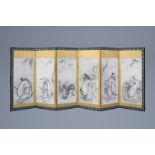 A Japanese room divider with six painted panels with figures, Meiji, 19th C.