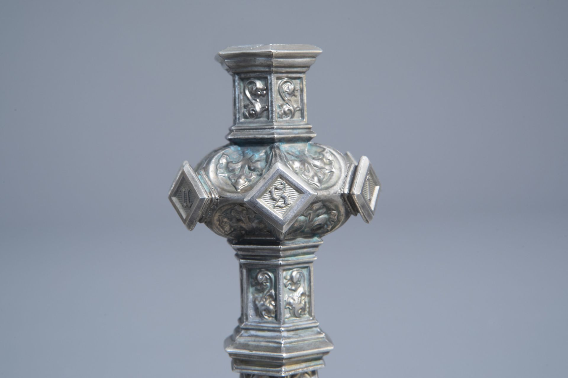 A silver plated Gothic Revival candlestick, France, 19th/20th C. - Image 16 of 19