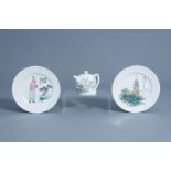 A pair of Chinese famille rose/qianjiang cai plates and a teapot and cover with a landscape, 20th C.