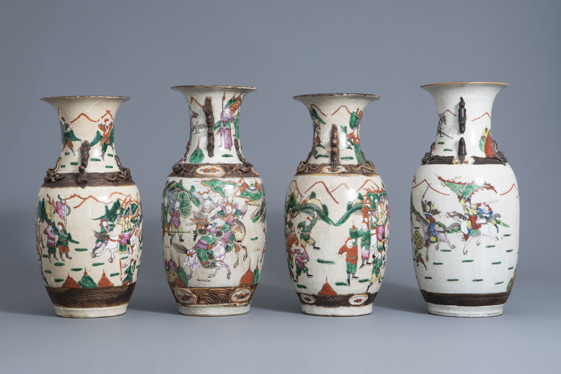 Four Chinese Nanking crackle glazed famille rose vases with warrior scenes, 19th/20th C. - Image 4 of 6