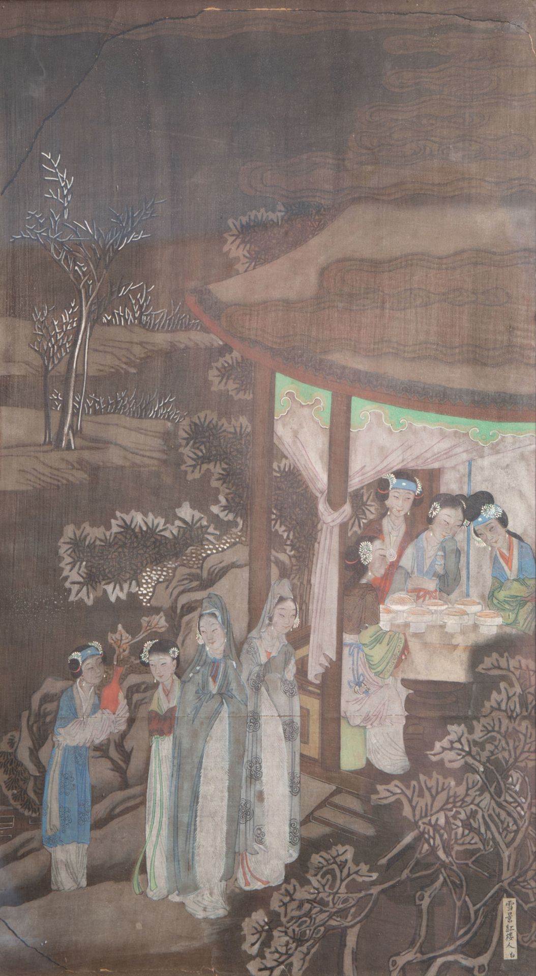 Chinese school, ink and colour on silk, 19th C.: Ladies in a landscape