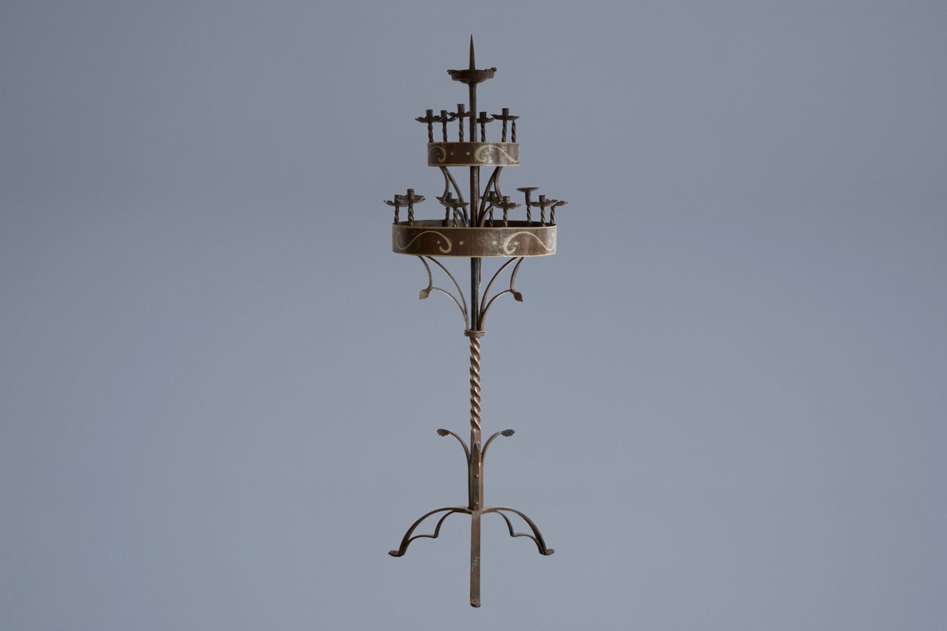 A Gothic revival wrought iron church candelabra, 19th/20th C.