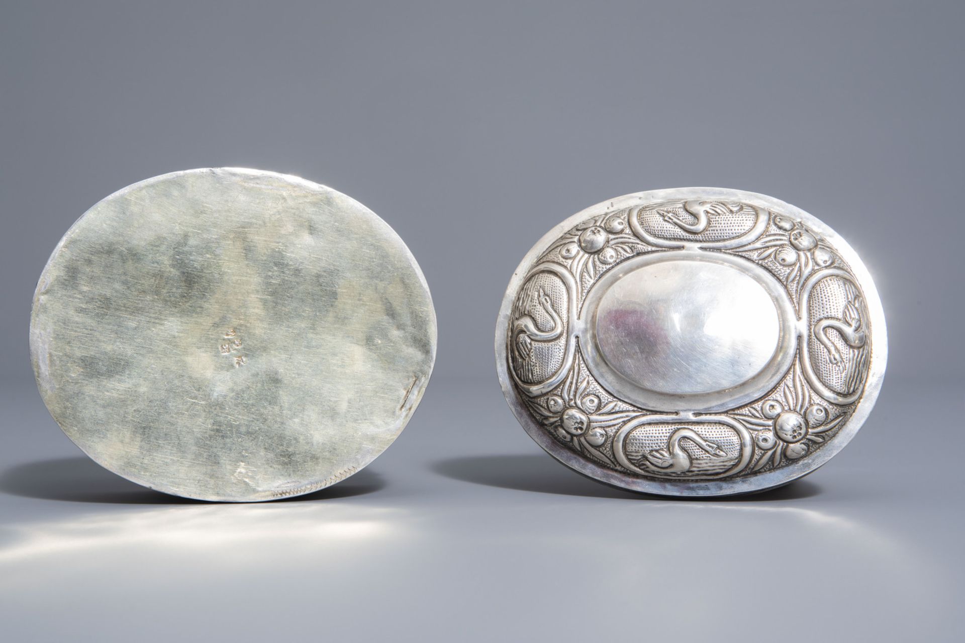 An oval shaped silver plated relief decorated tobacco box, various marks, 18th/19th C. - Image 7 of 8