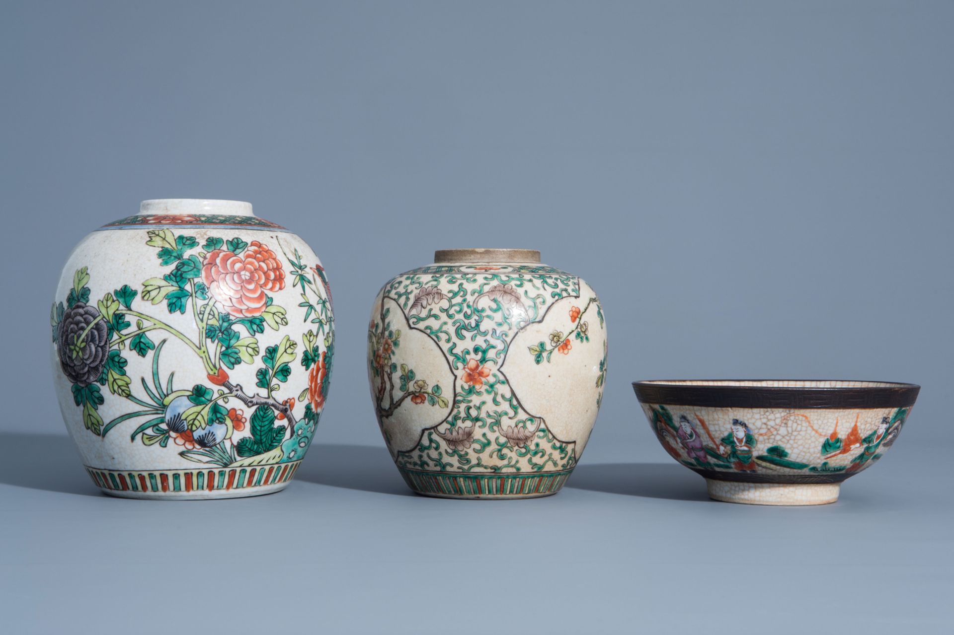 A varied collection of Chinese Nanking crackle glazed famille rose vases, ginger jars, a charger and - Image 9 of 17