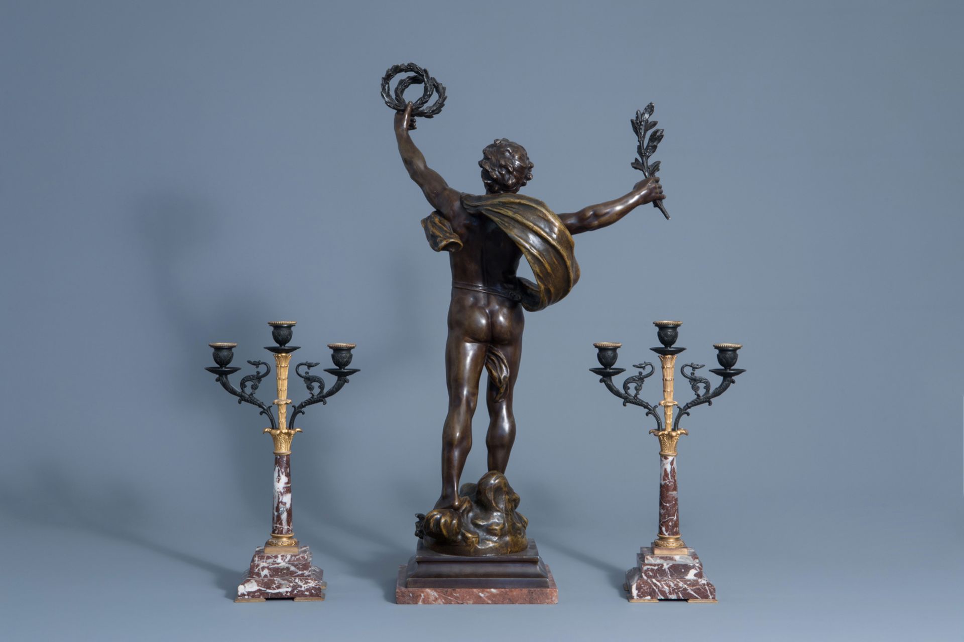 Louis Moreau (1883-1952): 'Le triomphe', patinated zamac and a pair of marble and bronze candelabra, - Image 4 of 9