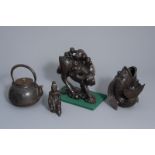 A Japanese bronze teapot, a carp wall vase, a Kannon figure and a carved wooden group, Meiji/Showa,